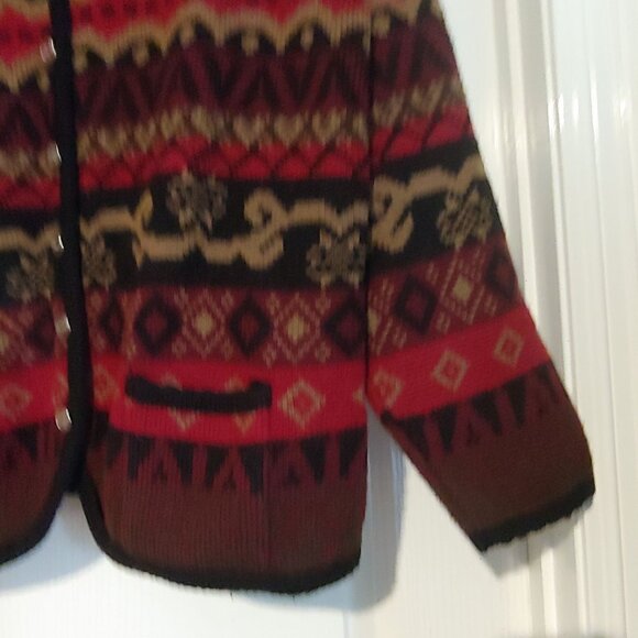 Tally Ho Fair Isle Black/Gold/Redtones Button Cardigan L-Sleeve S - Picture 6 of 10